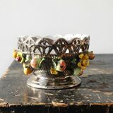 Vintage Italian silver-plated porcelain bowl with cut-out design of fruits and flowers.