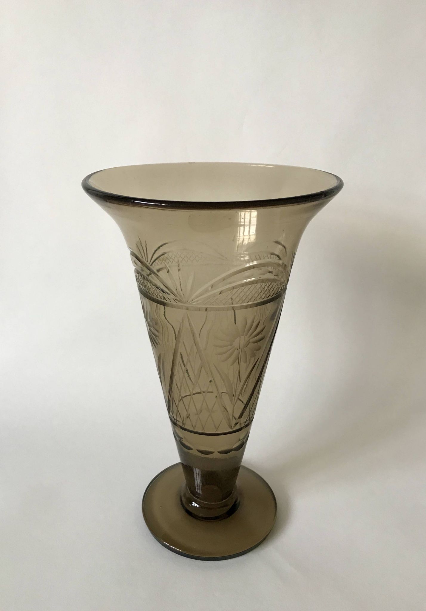 engraved smoked glass vase from the 60s