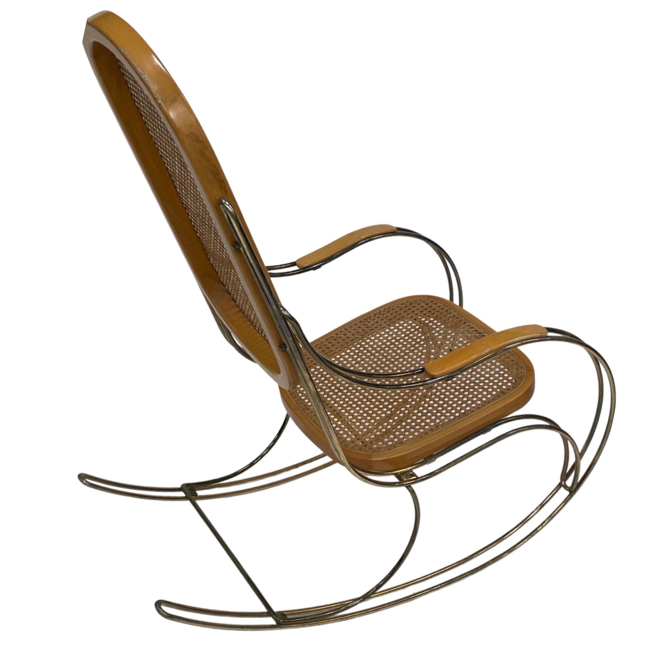 Vintage brass curved wooden rocking chair