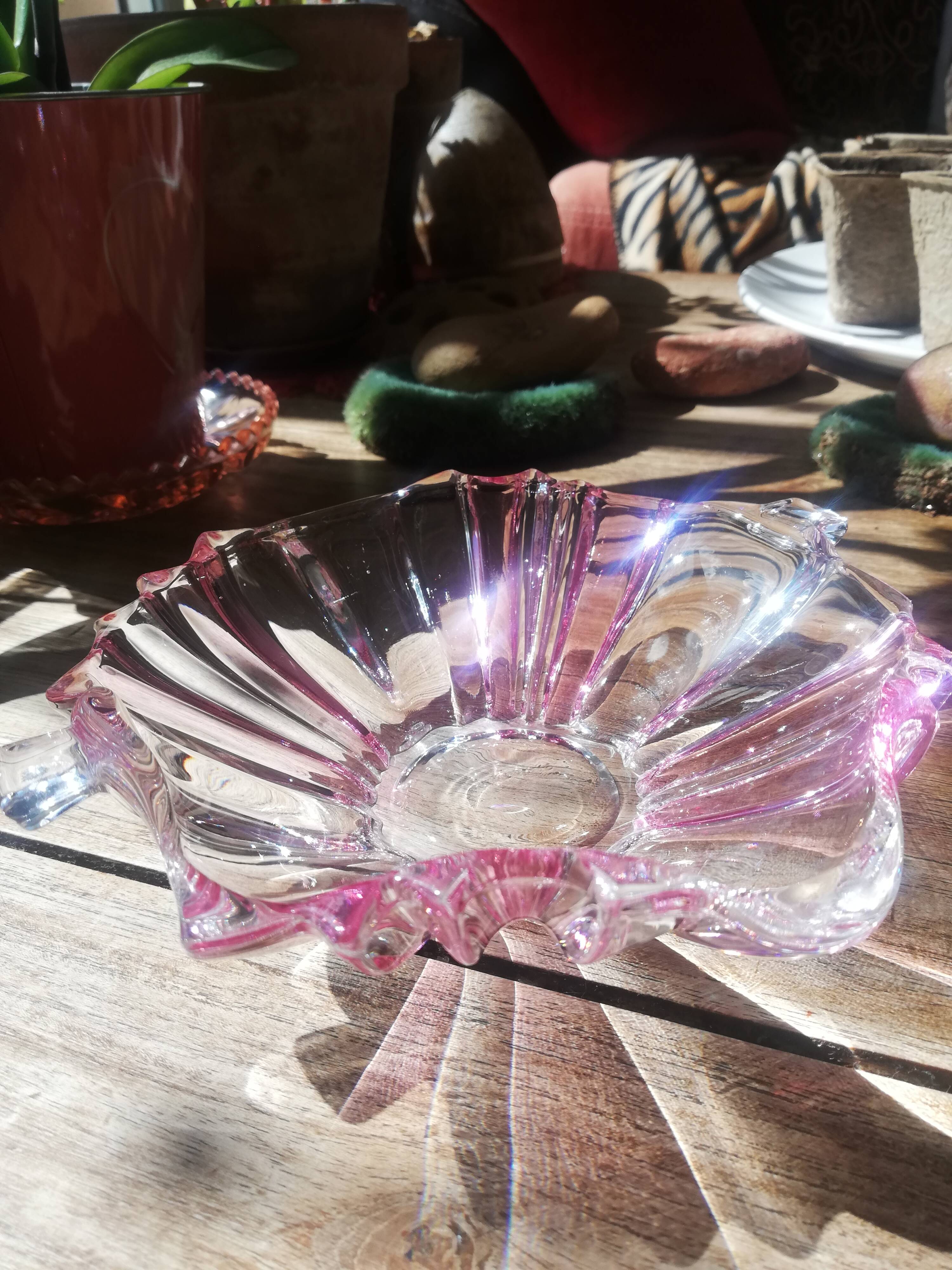 Small pink and transparent crystal cup with two earpieces
