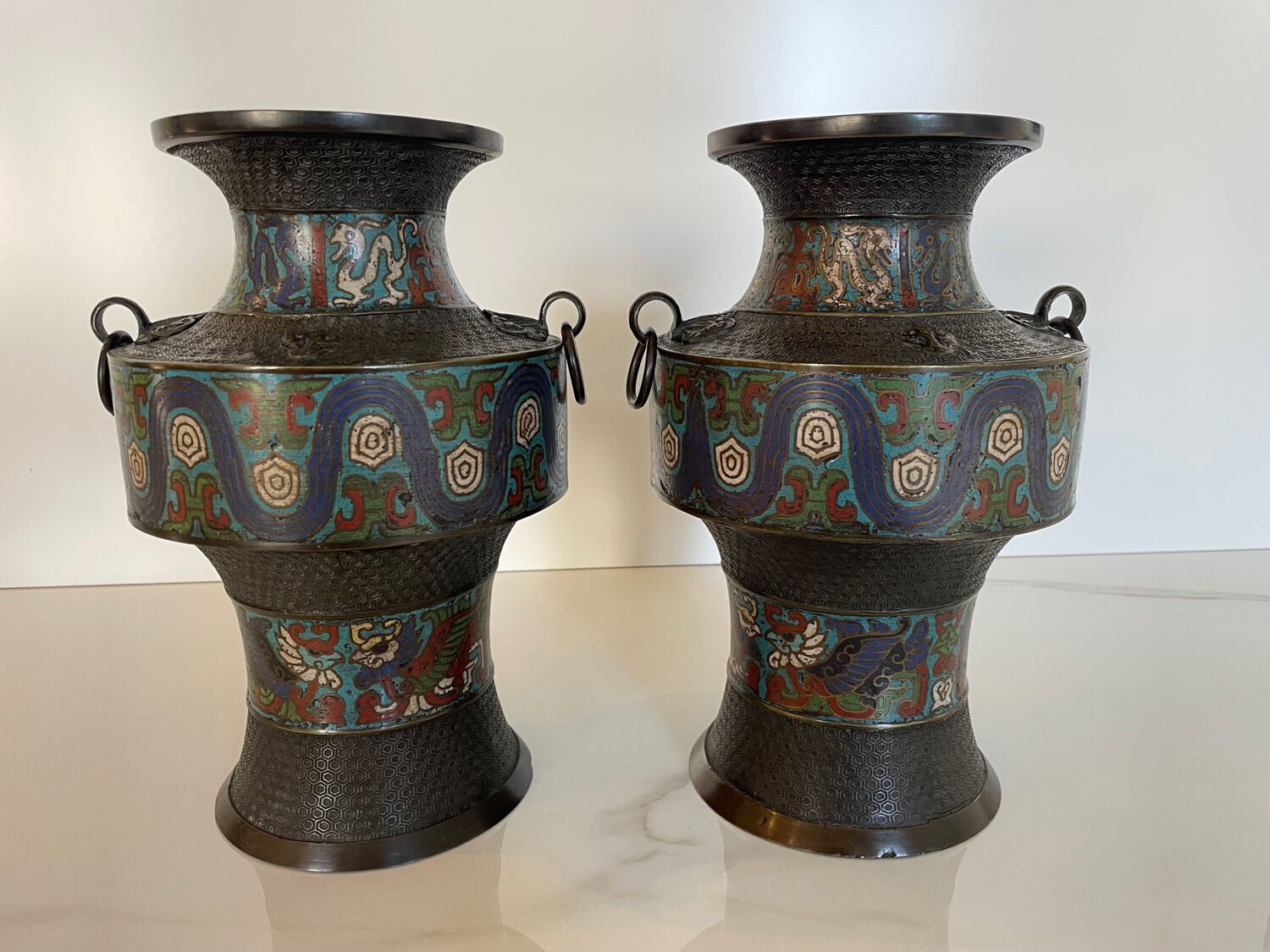 Pair of antique cloisonné bronze vases, China or Japan circa 1900-1930.