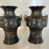 Pair of antique cloisonné bronze vases, China or Japan circa 1900-1930.