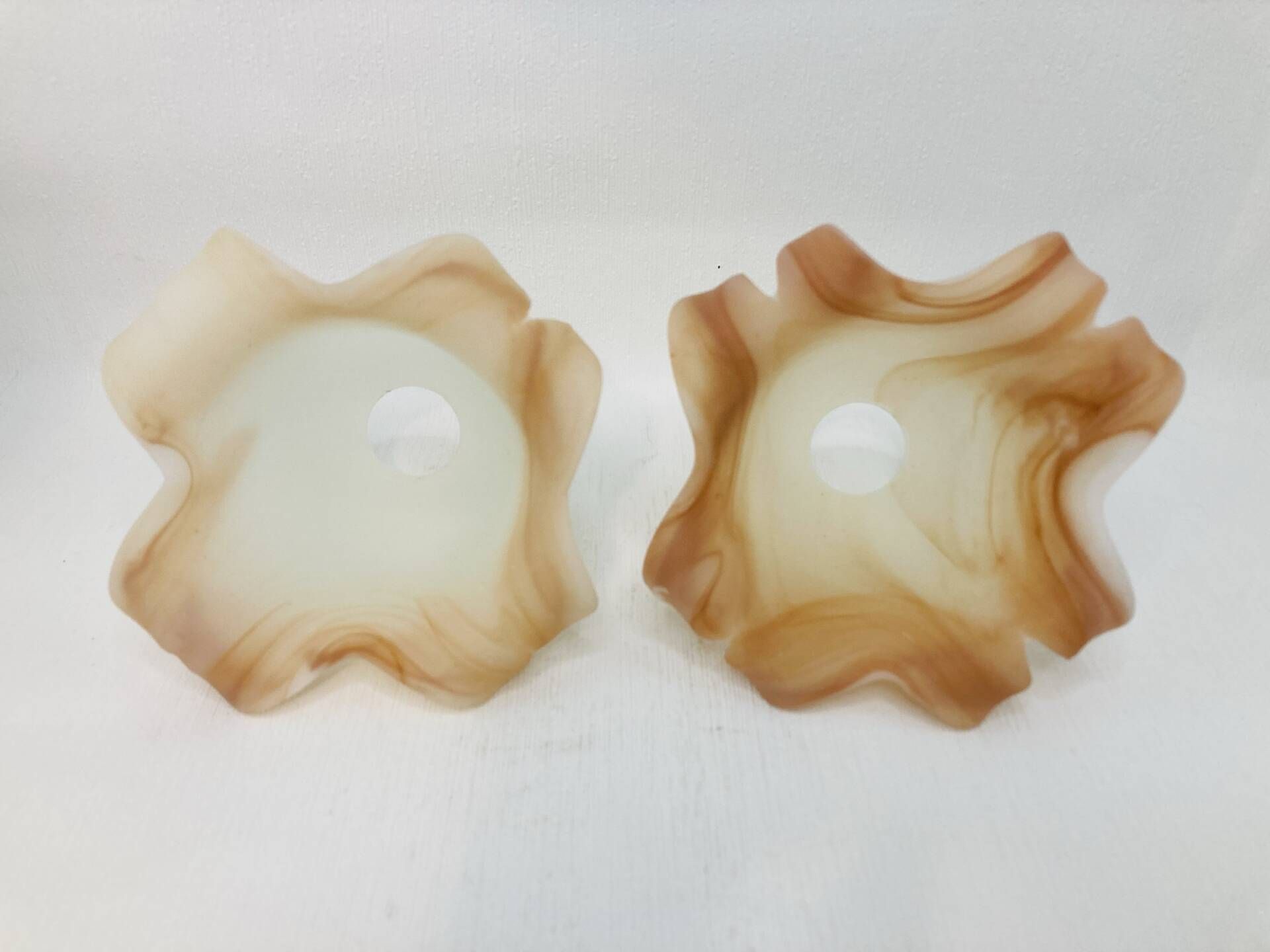 Pair of vintage opaline tulip lampshades with caramel marbled frill edge.
