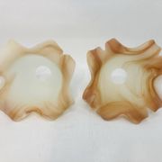 Pair of vintage opaline tulip lampshades with caramel marbled frill edge.