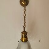 Suspension  de style art nouveau 1900 en laiton - tulipe en verre dépoli