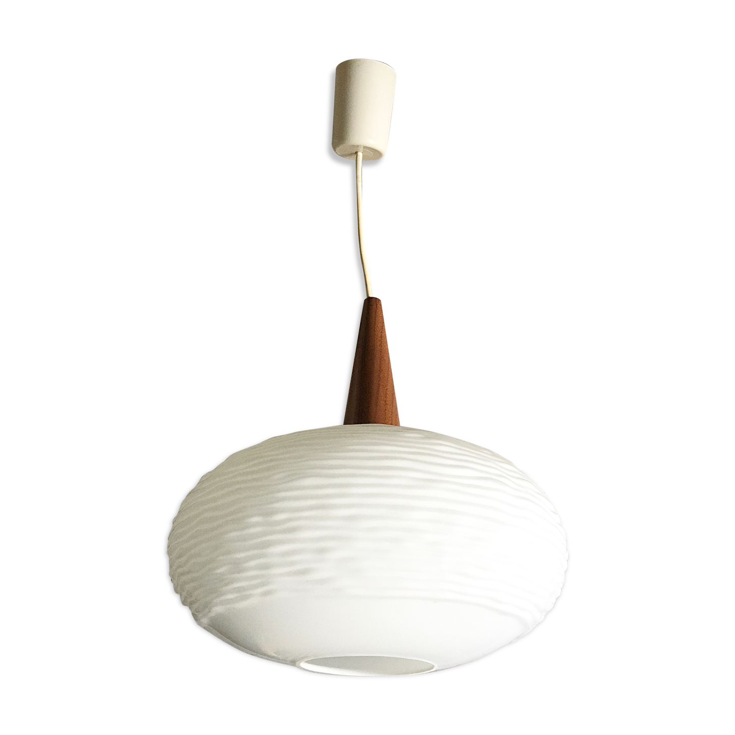 Suspension in opaline glass and teak by Louis Kalff for Philips