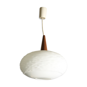 Suspension in opaline glass and teak by Louis Kalff for Philips