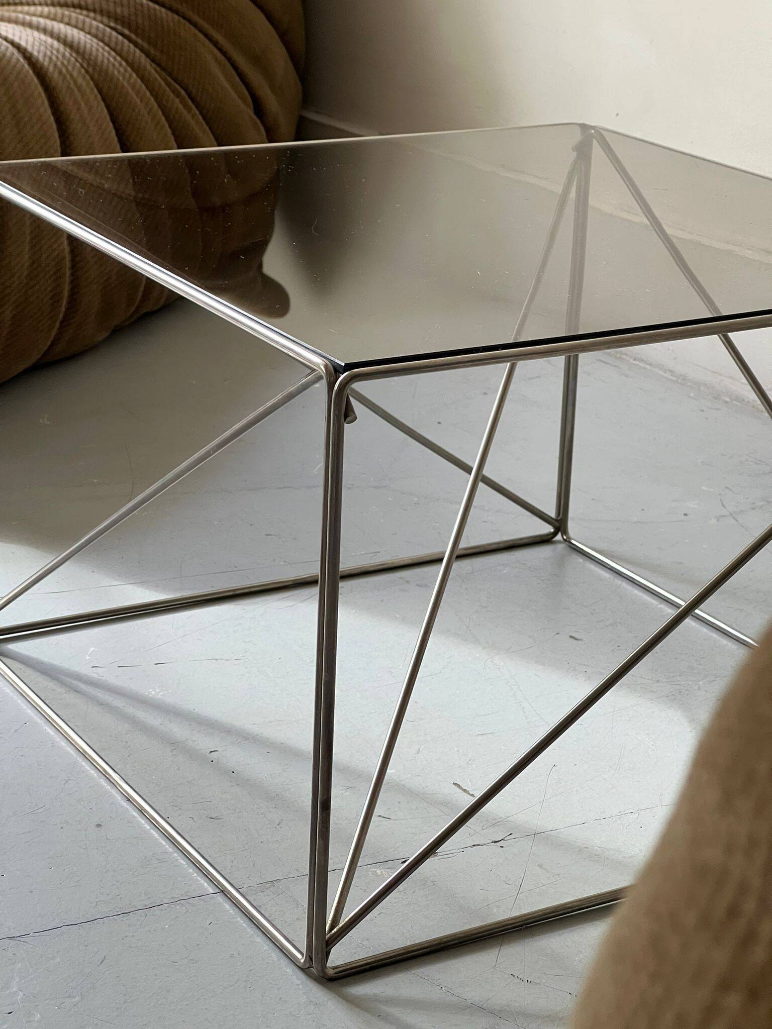 Smoked glass and chrome designer coffee table by Max Sauze, Isocèle collection, 1970