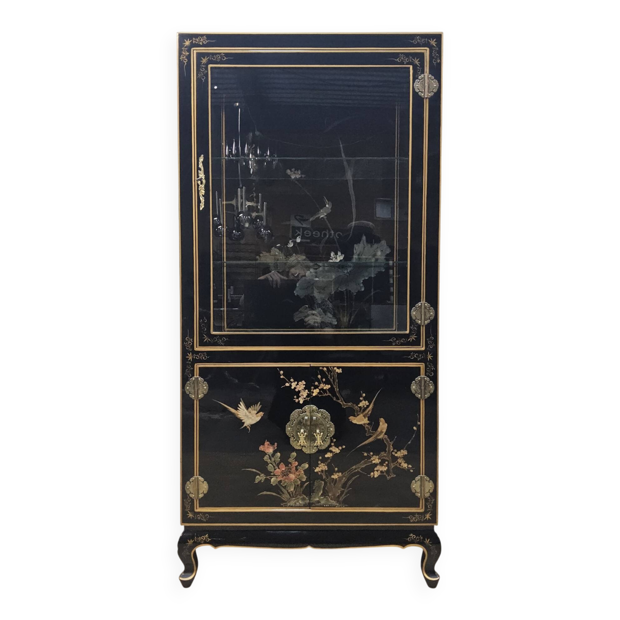 Cabinet d'affichage chinois vintage avec fleurs et oiseaux / Bohémien