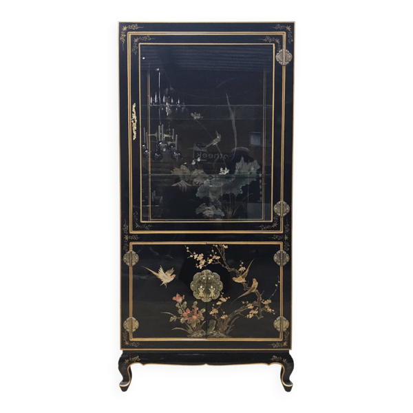 Cabinet d'affichage chinois vintage avec fleurs et oiseaux / Bohémien