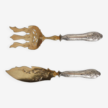 Old fish service cutlery, silver filled, gilded metal