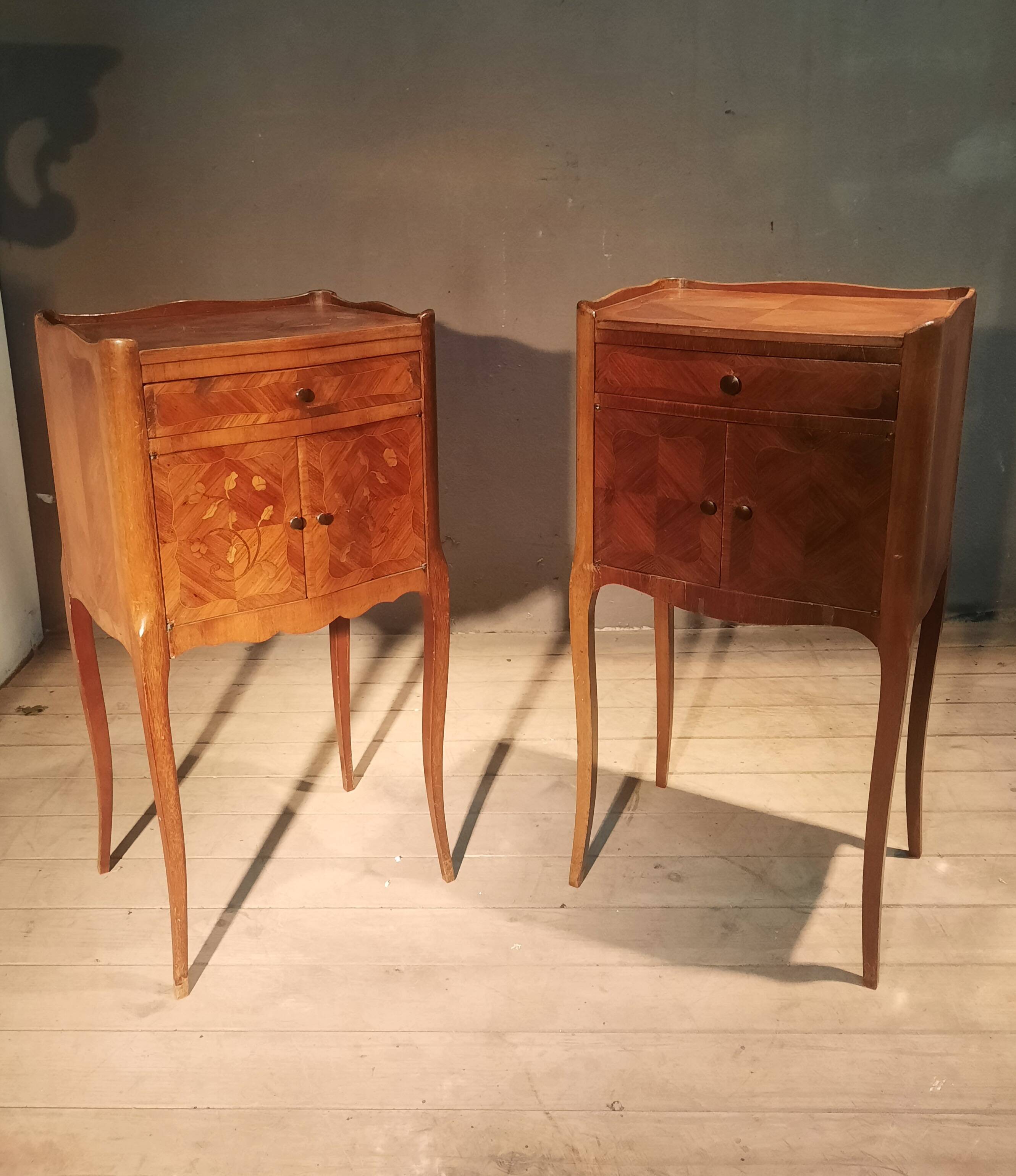 2 bedside tables with Louis XV style marquetry doors