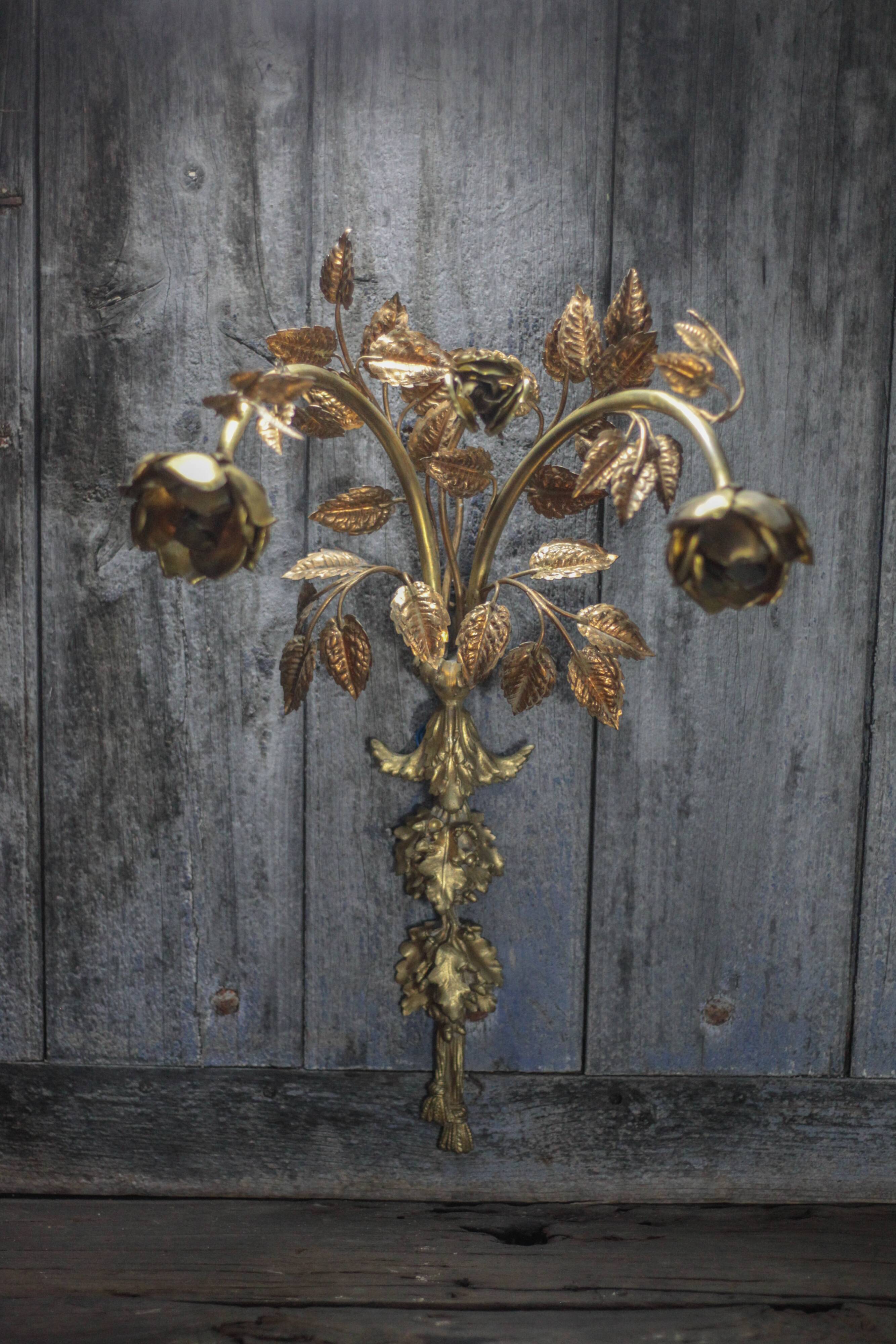 Pair of bronze and gold metal floral wall sconces, flower wall lamp.