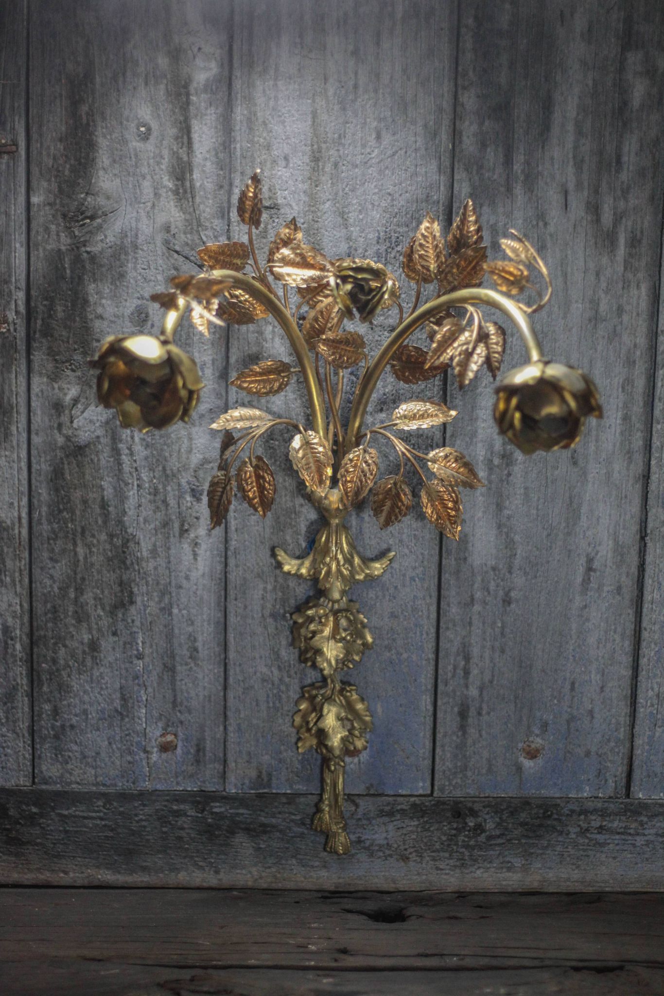 Pair of bronze and gold metal floral wall sconces, flower wall lamp.