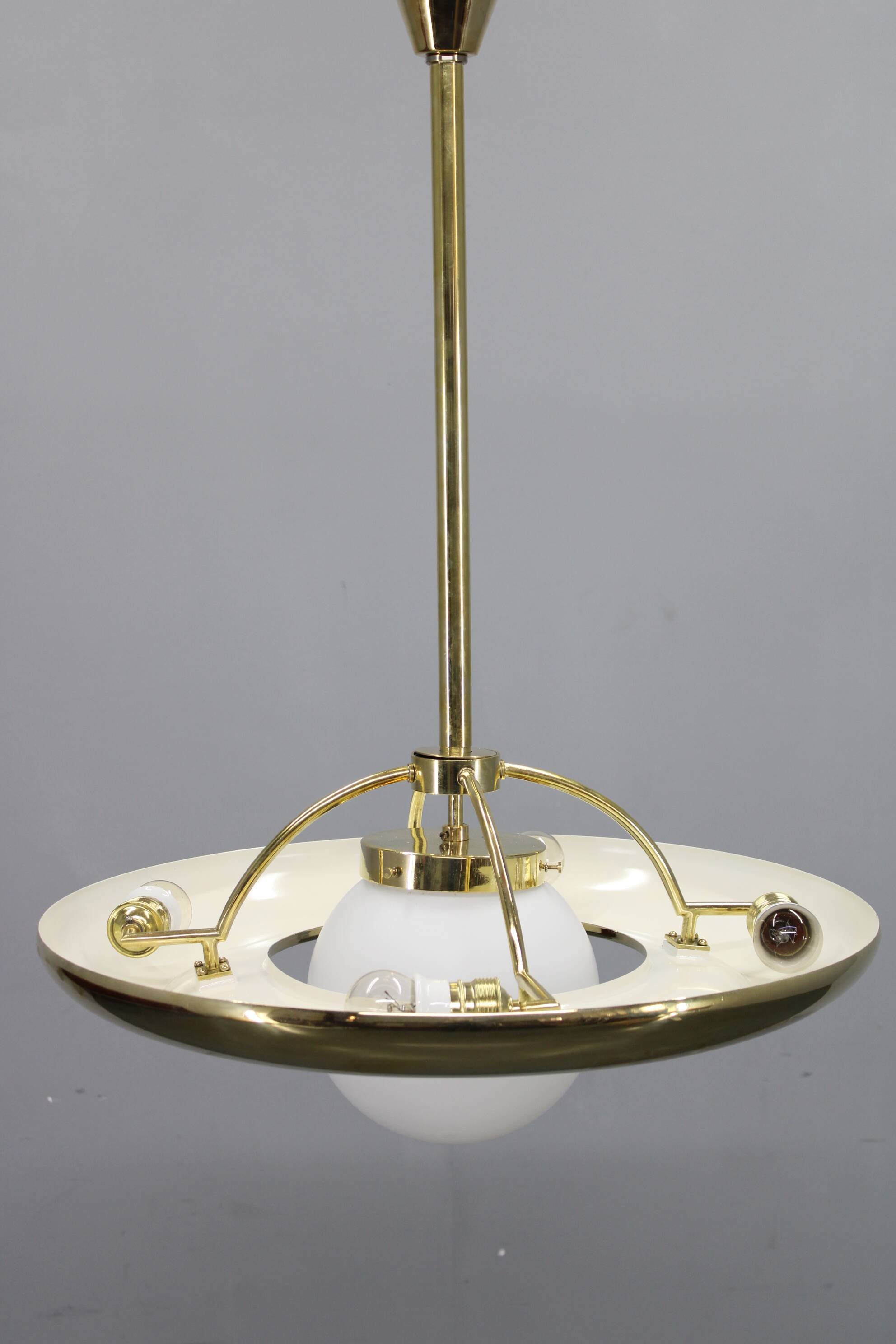 Art Deco brass chandelier with white glass, Czechoslovakia 1930s