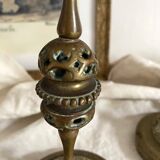 Pair of openwork brass candlesticks and glass bobeches