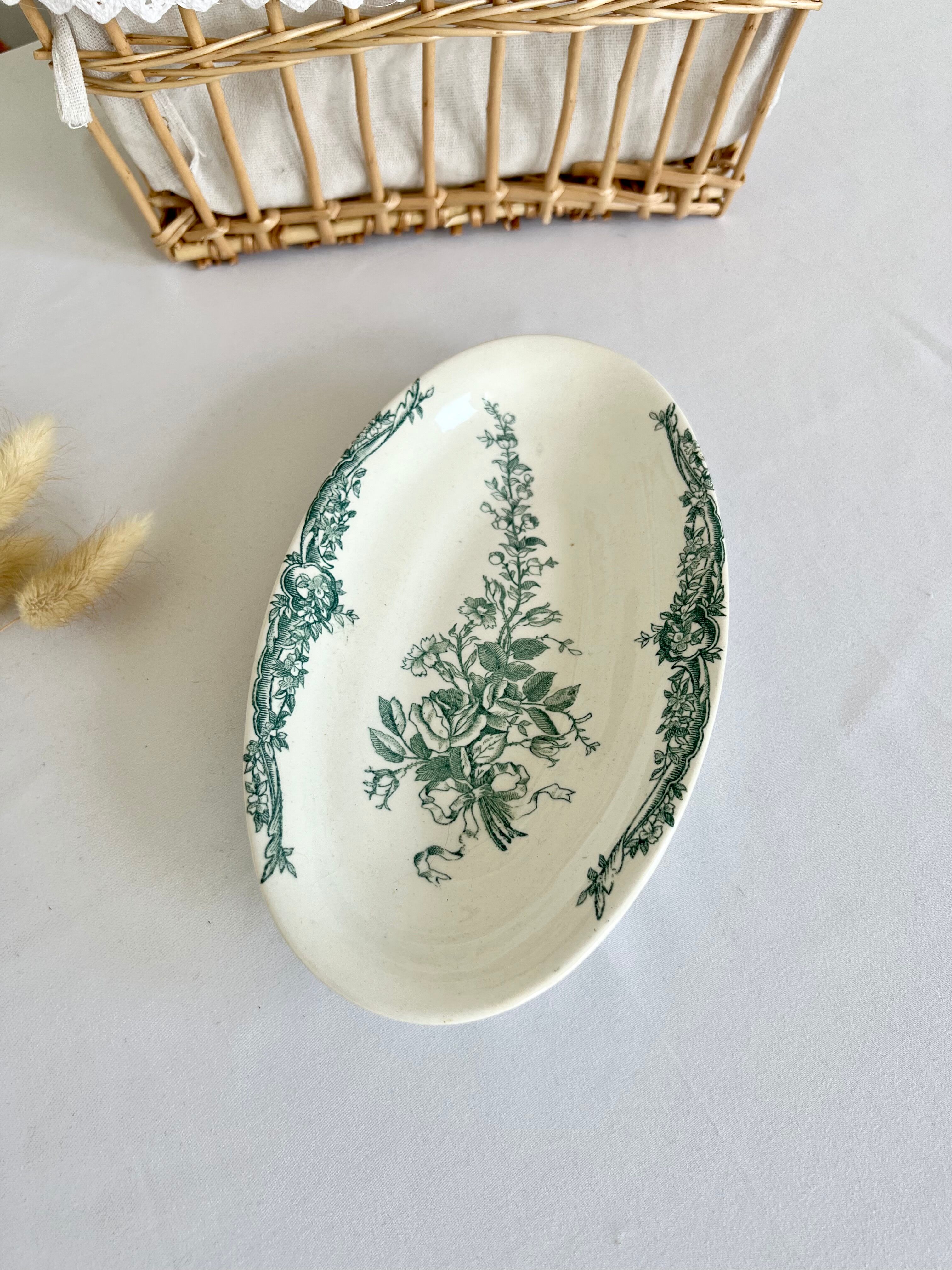 Romantic antique ravier porcelain floral style cream color and green details