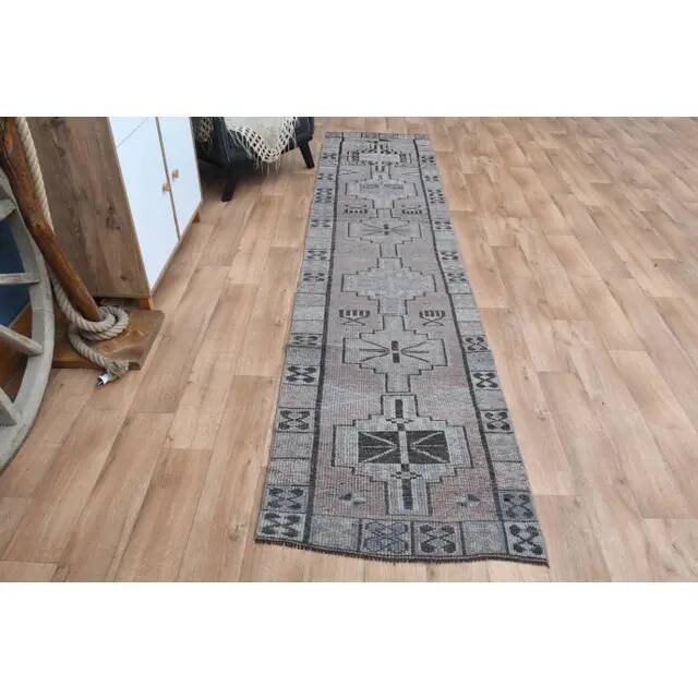 Vintage 1970s Geometric Turkish Oushak Handmade Brown Runner 82x354