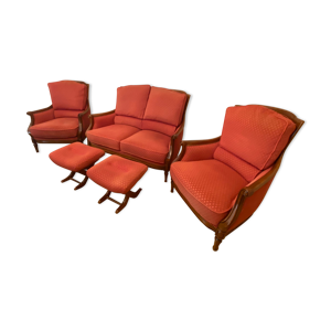 Canapé 2 places, 2 fauteuils - repose pieds