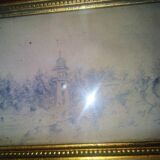 Vintage painting depicting a landscape with a lighthouse