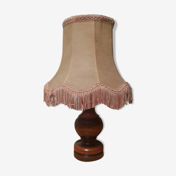Turned wood bedside lamp, pagoda lampshade way skin and pink fringes, rustic / vintage