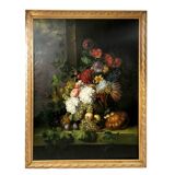 Peter Brooks. Huge still life with flowers and fruits. Oil on canvas 20th century. 2.2m x 1.7m