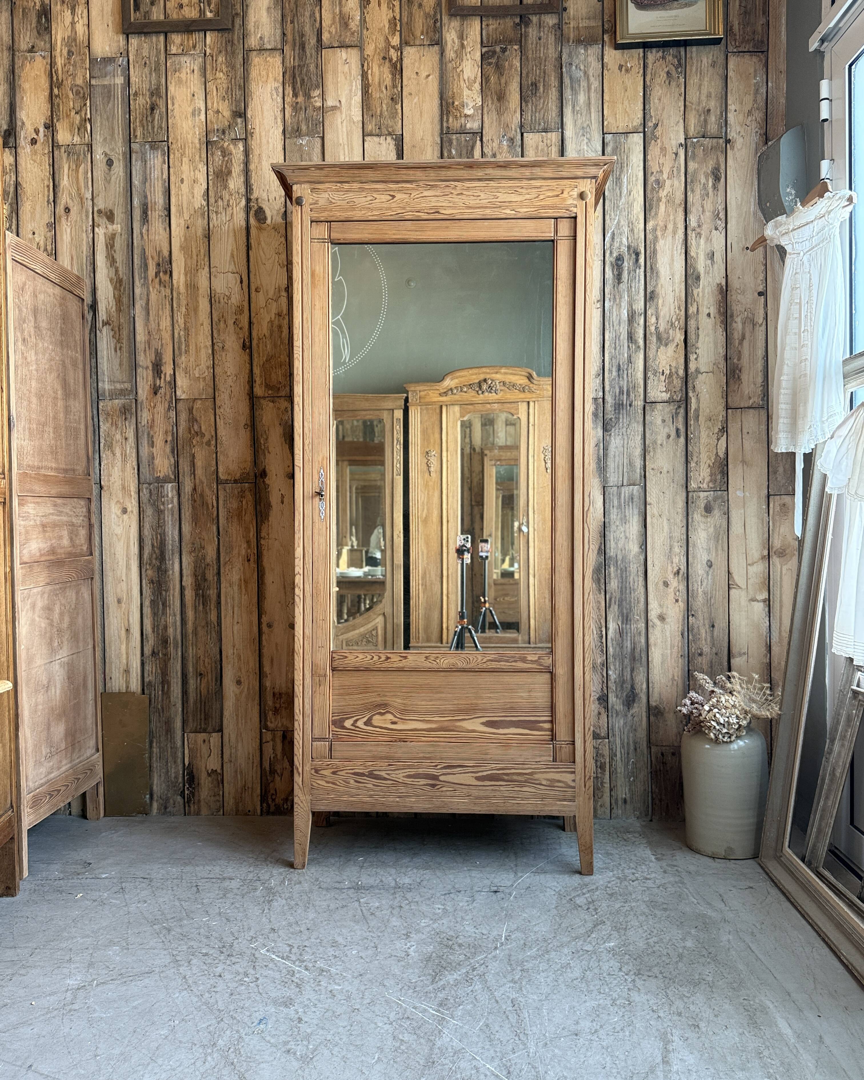 Antique mirrored wardrobe in pitch pine (renovated)