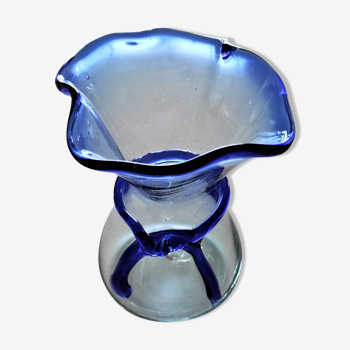 Biot vase in bluish transparent glass and blue scarf