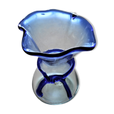 Biot vase in bluish transparent glass and blue scarf