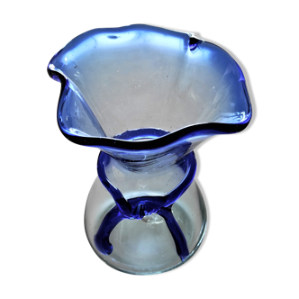 Biot vase in bluish transparent glass and blue scarf