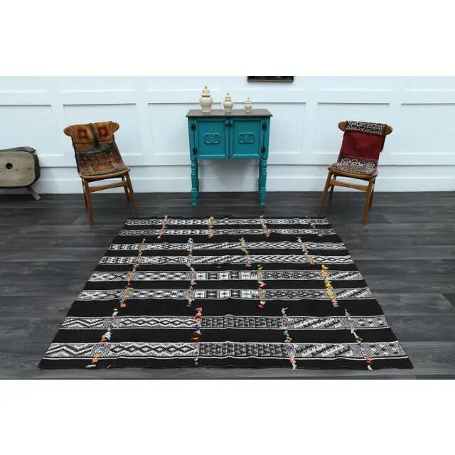 1970s Vintage Turkish Oushak Handmade Wool Cotton Black Runner Rug 169x190