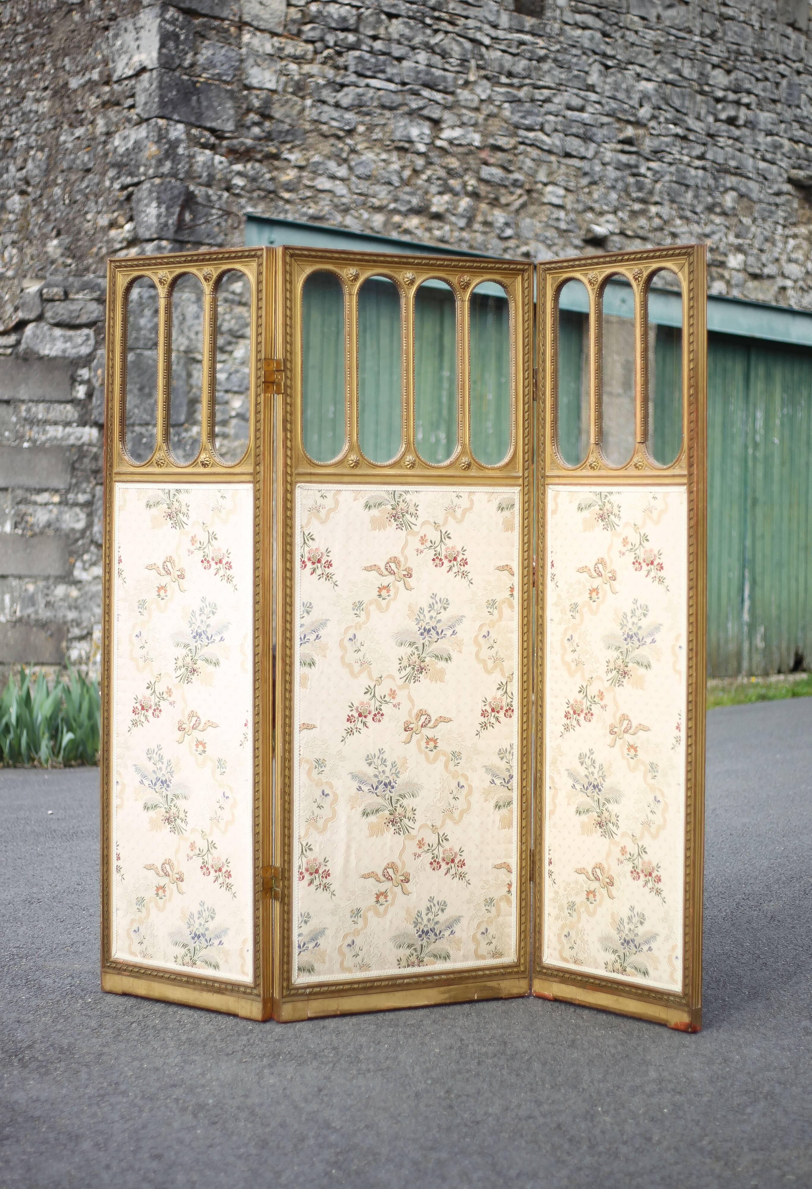 Vintage screen, old 3-panel screen, molded wood and fabric screen