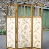 Vintage screen, old 3-panel screen, molded wood and fabric screen