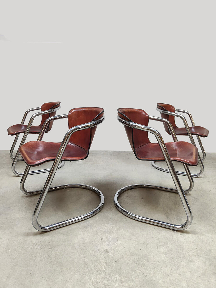 Dutch design vintage tubular chrome leather dining chairs Metaform