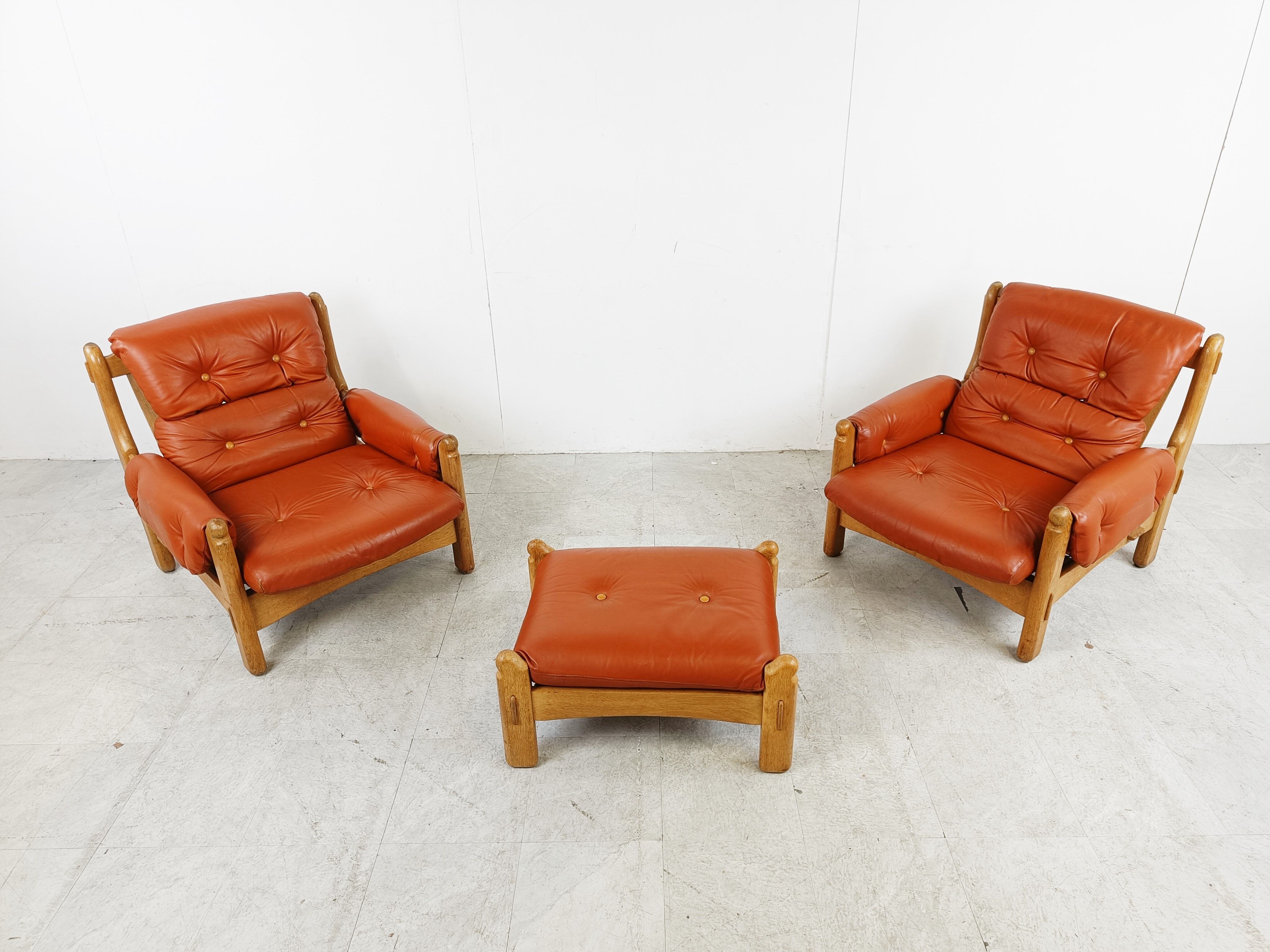 Pair of brutalist leather armchairs, 1960s