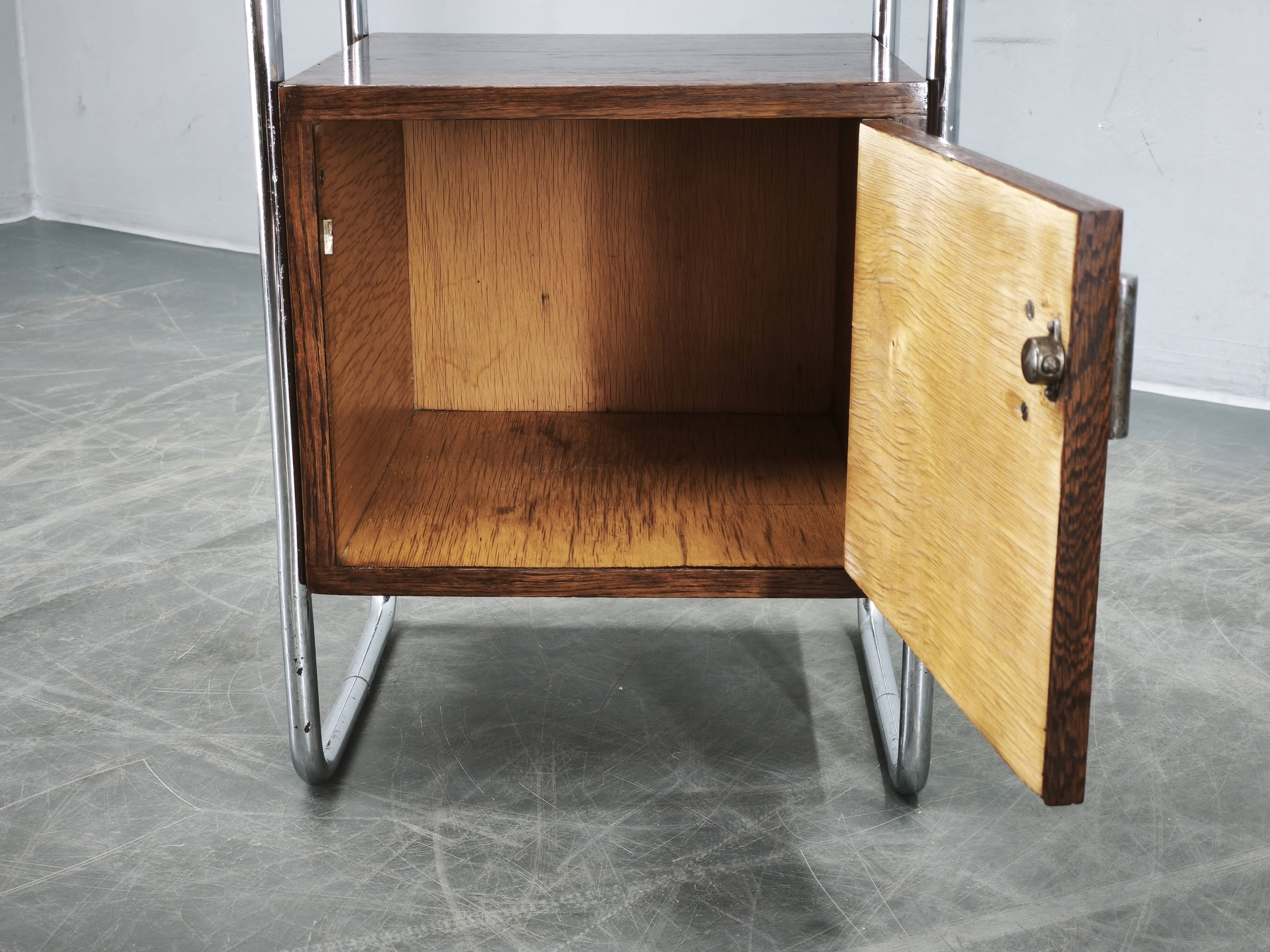 Bauhaus Oak and Chrome Tubular Nightstand, Czechoslovakia 1940s