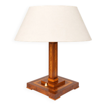 Lampe de table en bois vintage avec incrustation géométrique – Abat-jour en tissu