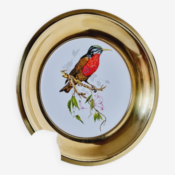 Brass and ceramic plate with bird decoration