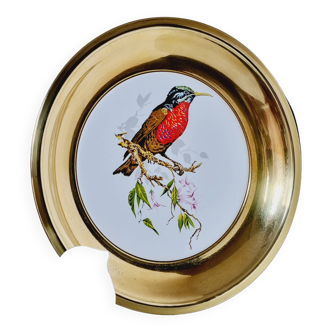 Brass and ceramic plate with bird decoration