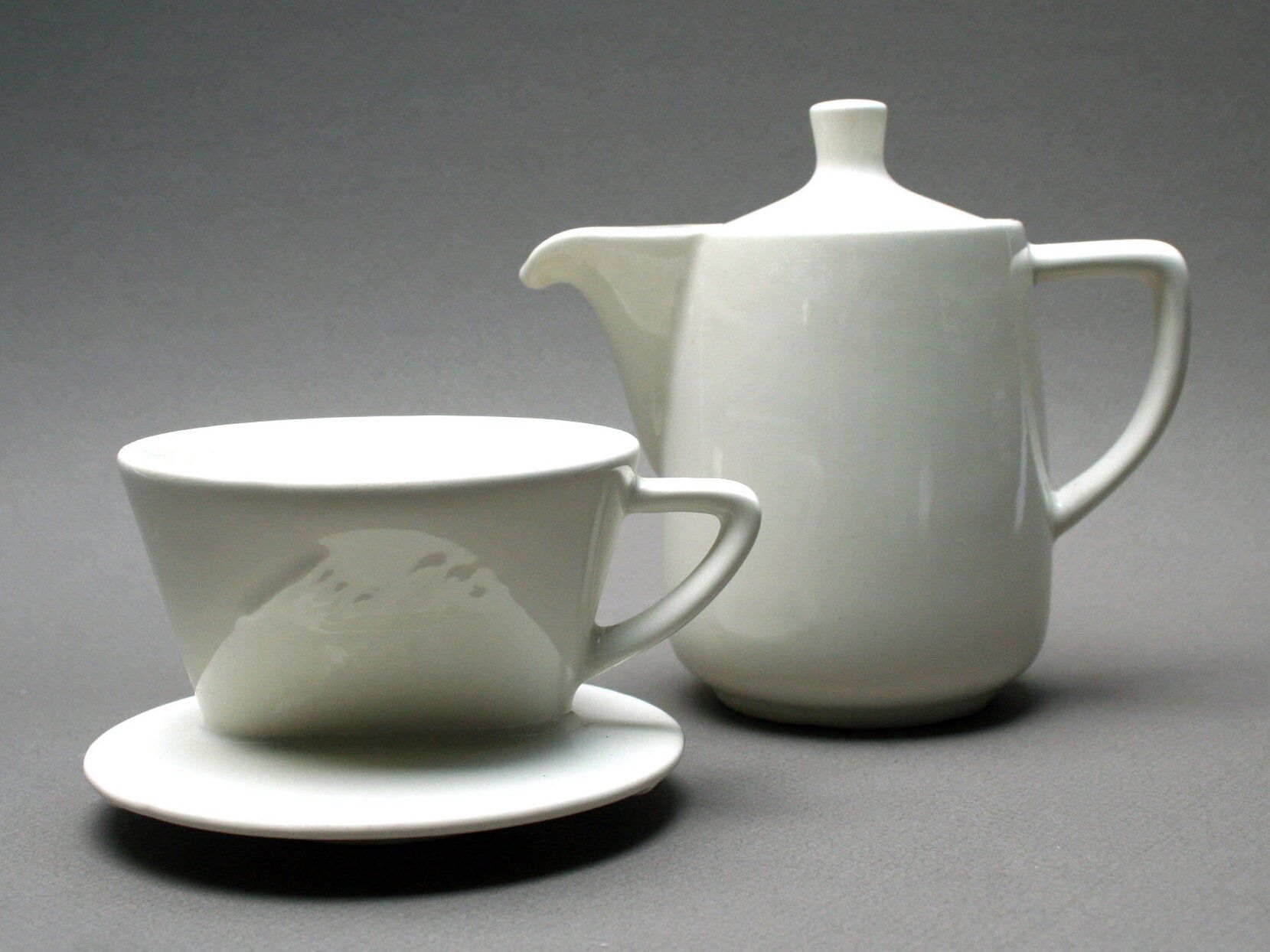 White ceramic coffeemaker and melitta filter, 60 years
