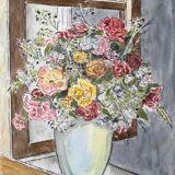 Watercolor painting "Bouquet of flowers on the window" + frame