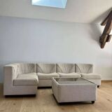 Vintage modular sofa, five armchairs and coffee table, beige wool