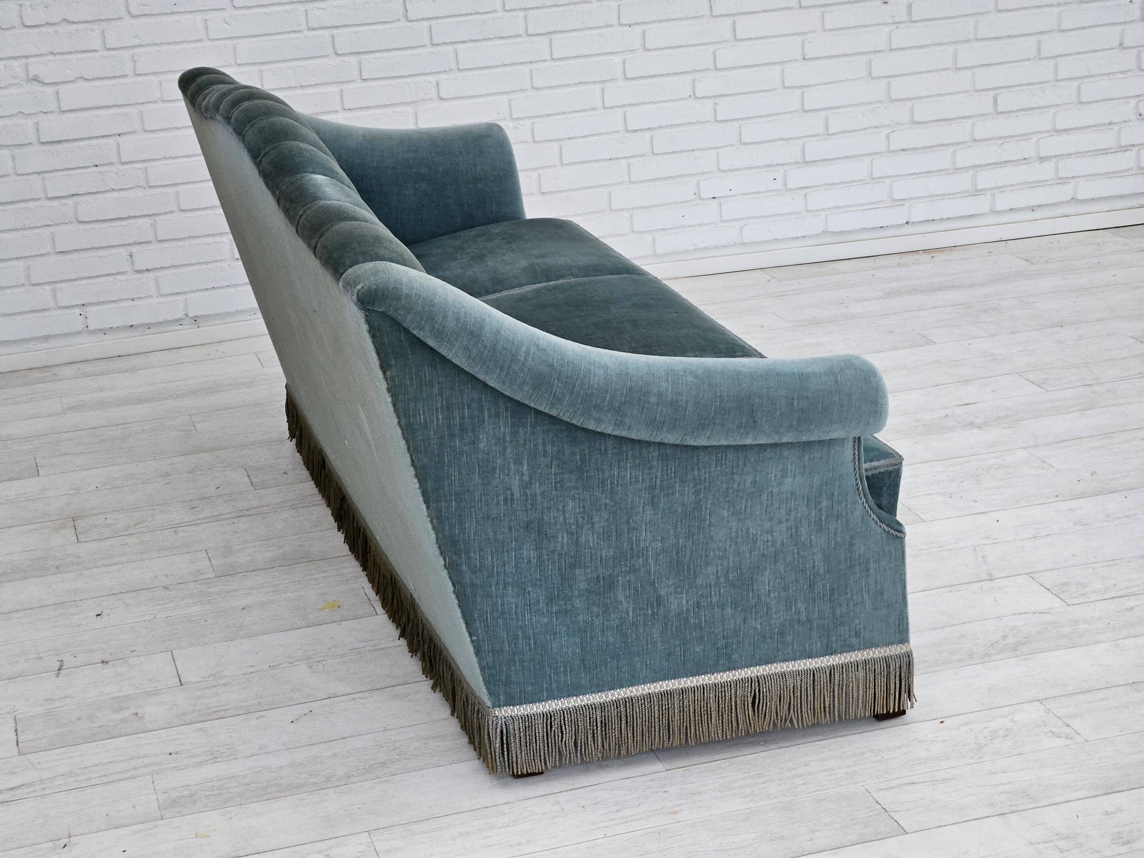 1960s, Danish 3 seater sofa, light blue velour, original good condition.