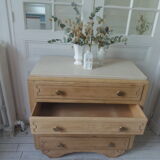 Vintage oak chest of drawers, a travertine plate laid for tray.