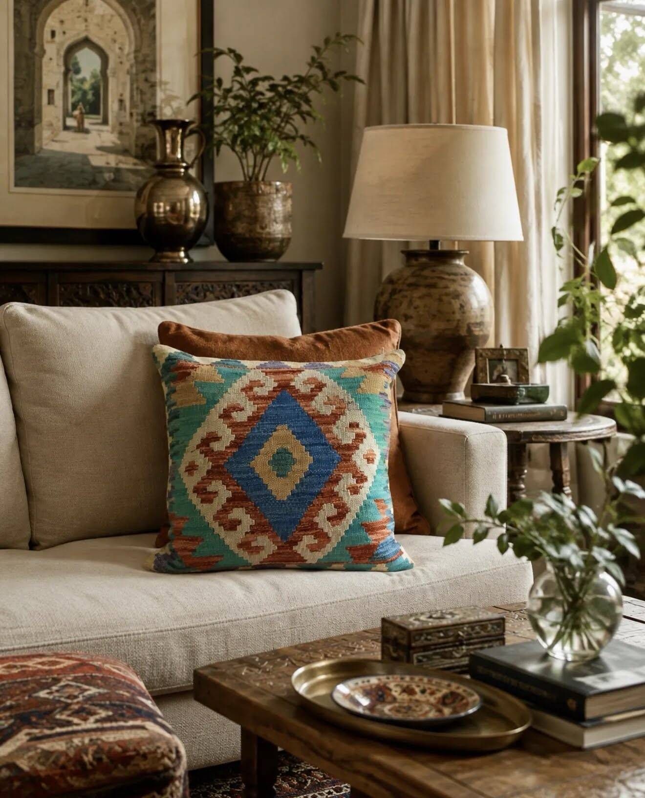 Turquoise Blue Geometric Cushion Cover, Vintage Wool Kilim Pillow Home Decor