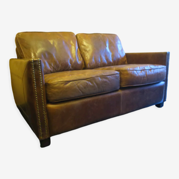 Vintage patinated brown stitched leather 2-seater sofa with brass studs