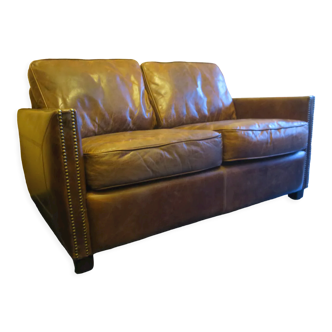 Vintage patinated brown stitched leather 2-seater sofa with brass studs