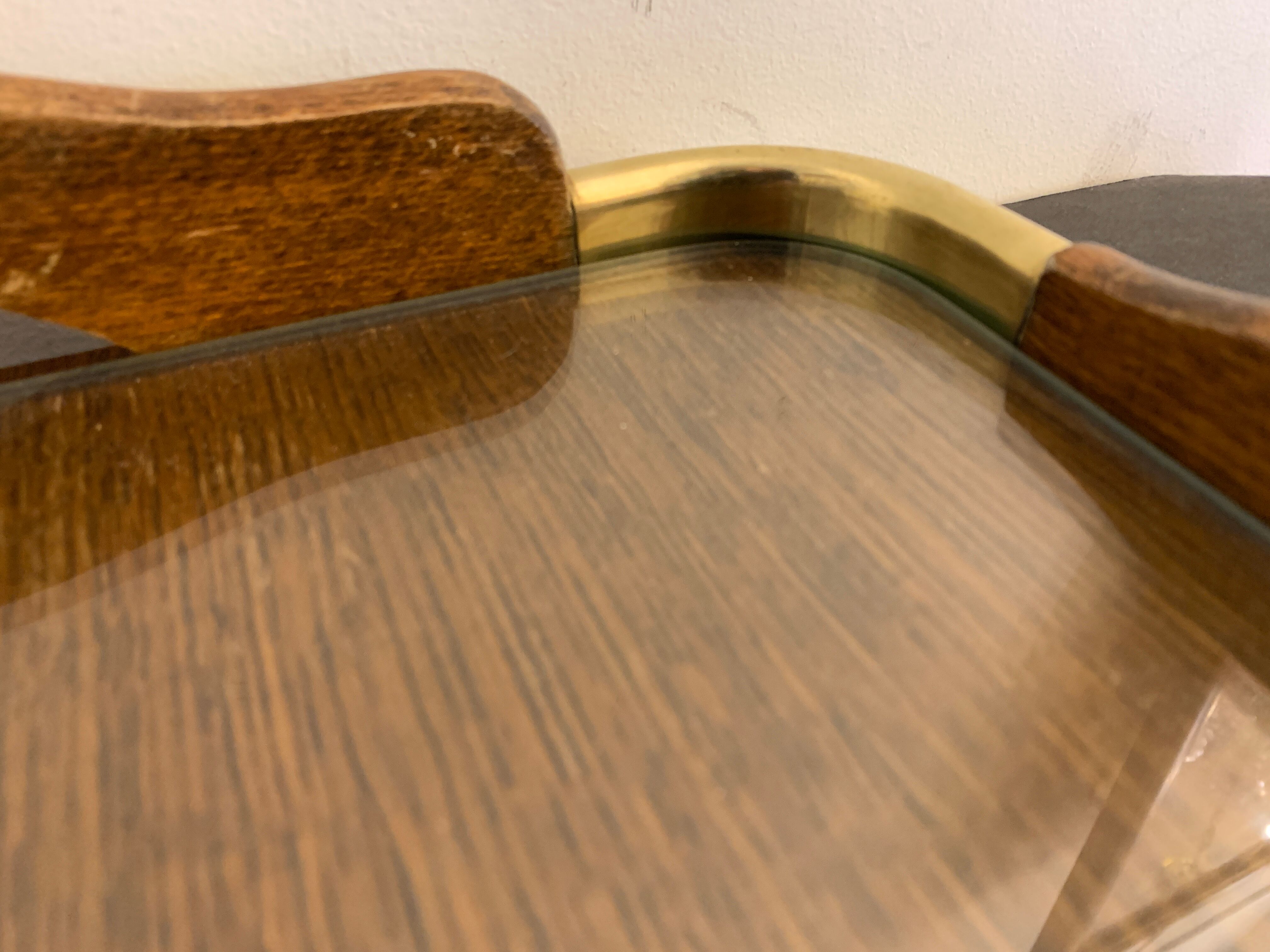 Serving tray in wood, brass and glass, 1960