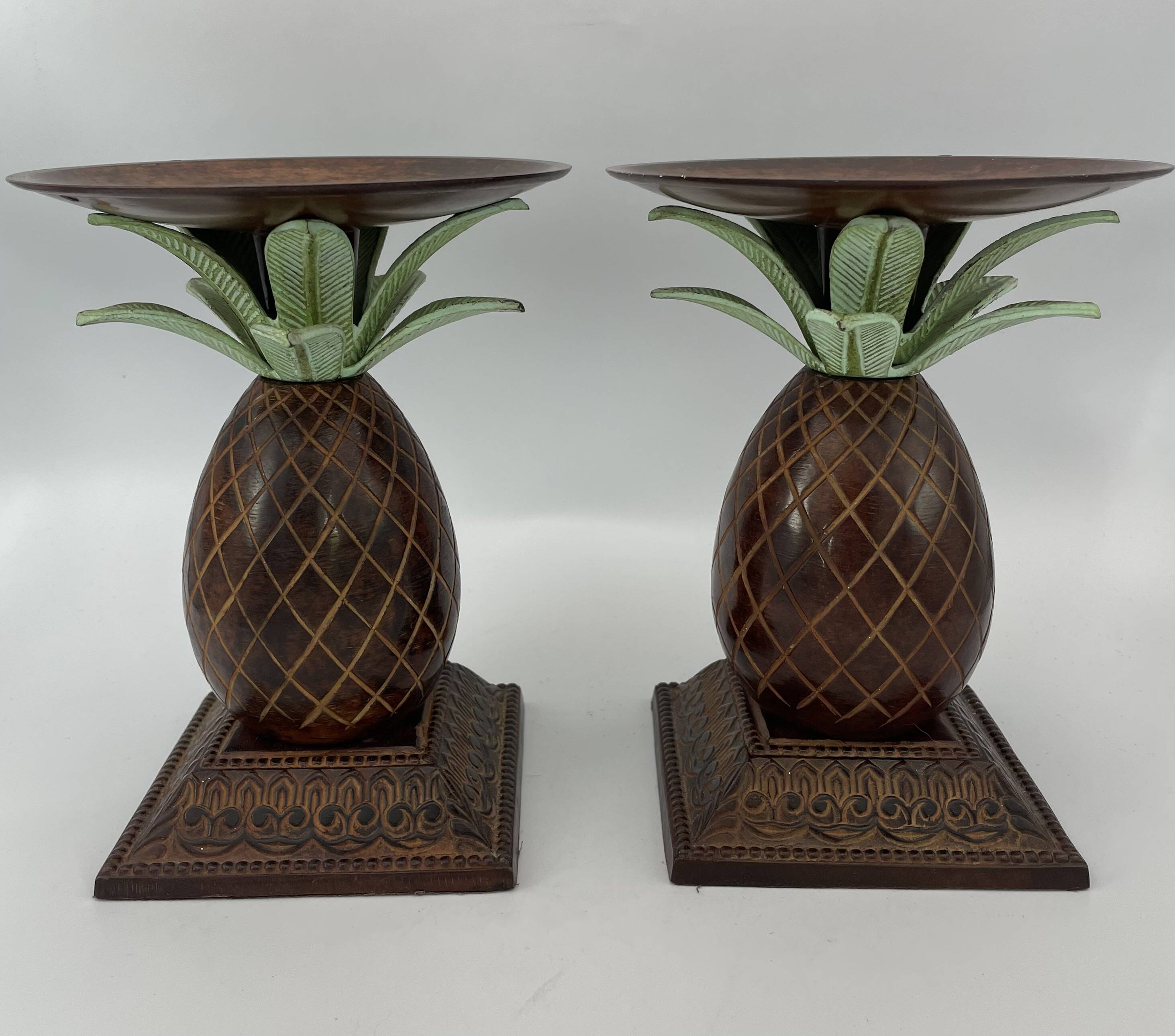 Pair of vintage bronze pineapple candlesticks