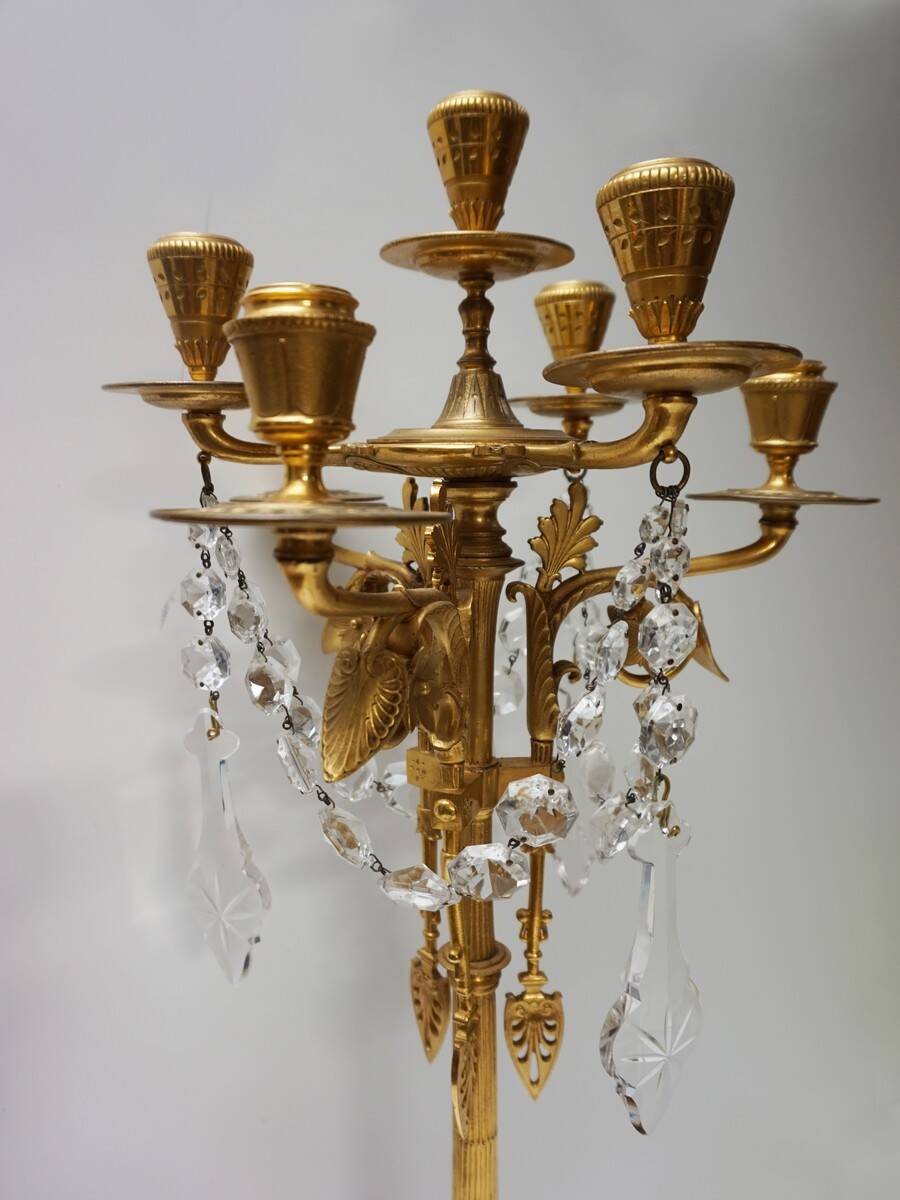 French Empire Neoclassical 7-Light Candelabra in Gilt Bronze and Crystal